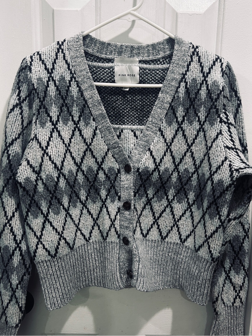 Two Piece Pink Rose Gray and Black Argyle Cropped Sweater & Cardigan Set